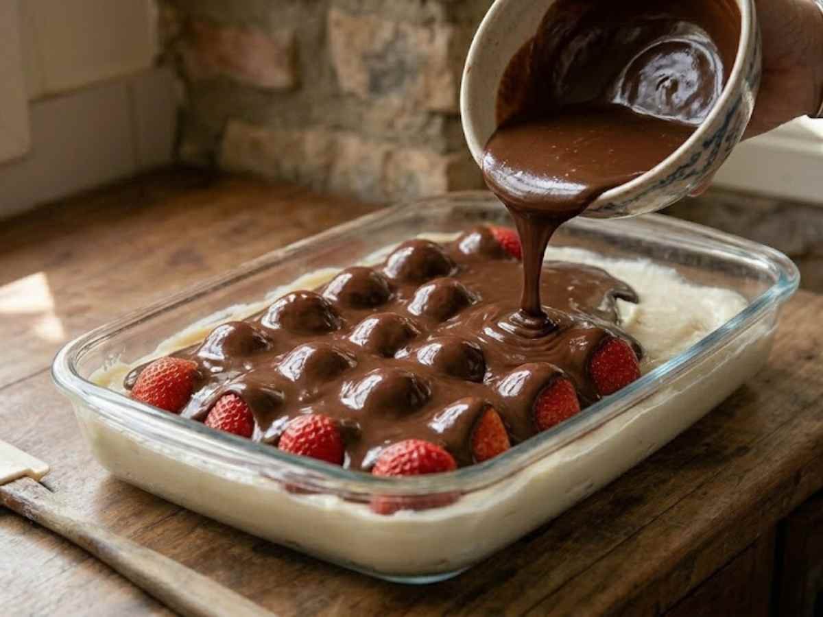 Ovo de Páscoa de Travessa "Morango do Amor": A sobremesa de 15 minutos que substitui o ovo de R$ 100 #128 Passo 3 da Receita de Ovo de Páscoa de Travessa - Cobertura de chocolate brilhante sendo finalizada.